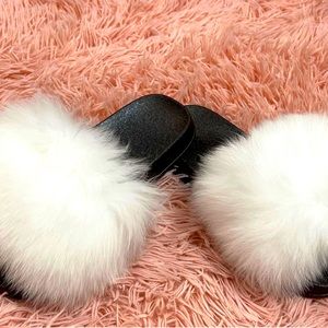 White and Black Fur Slides Size 6